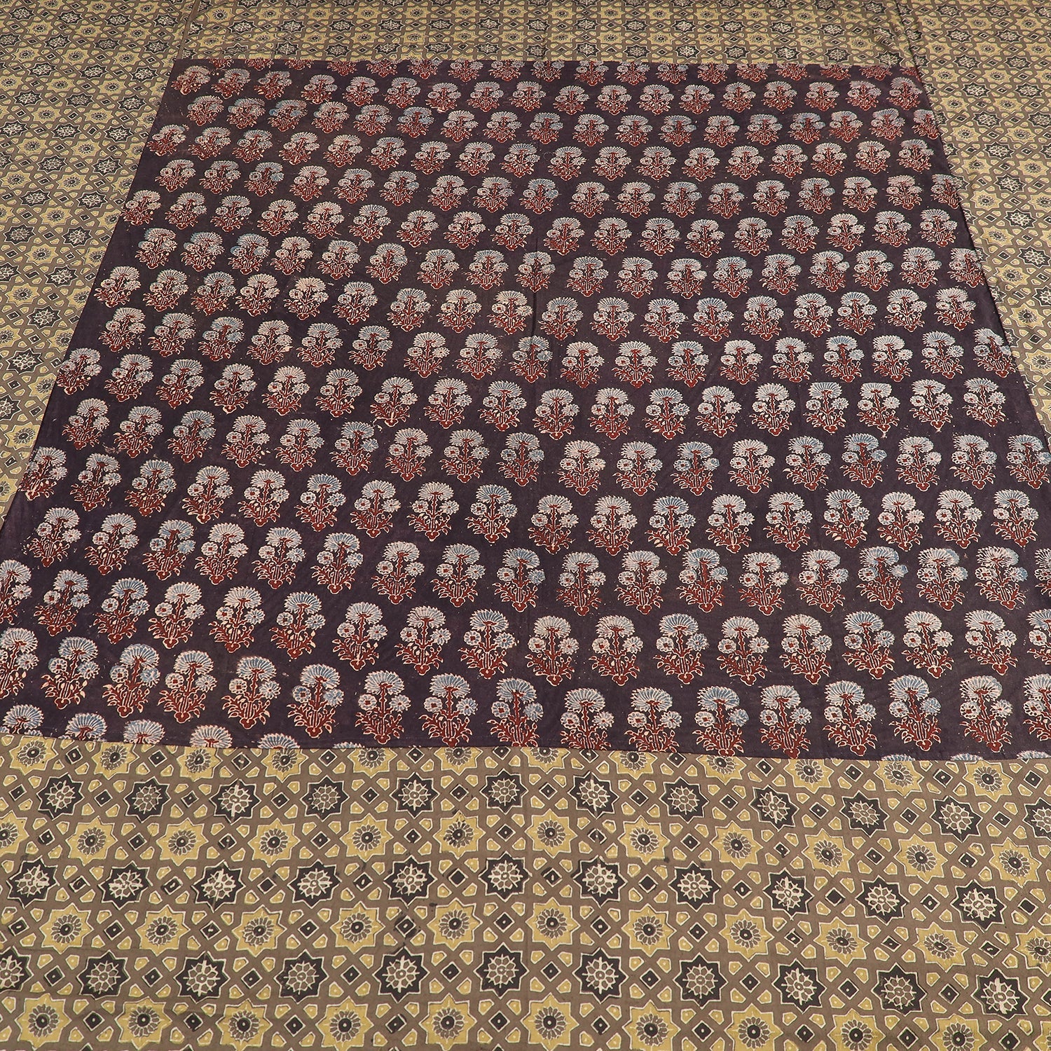 Brown - Ajrakh Patch Tukdi Kaam Cotton Double Bed Cover with Pillow Covers (109 x 86 in)