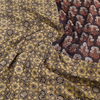 Brown - Ajrakh Patch Tukdi Kaam Cotton Double Bed Cover with Pillow Covers (109 x 86 in)