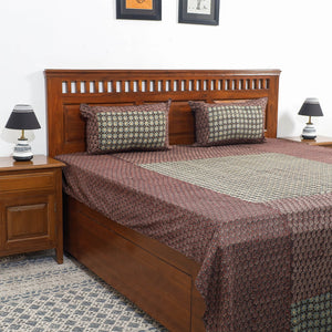 Brown - Ajrakh Patch Tukdi Kaam Cotton Double Bed Cover with Pillow Covers (109 x 86 in)