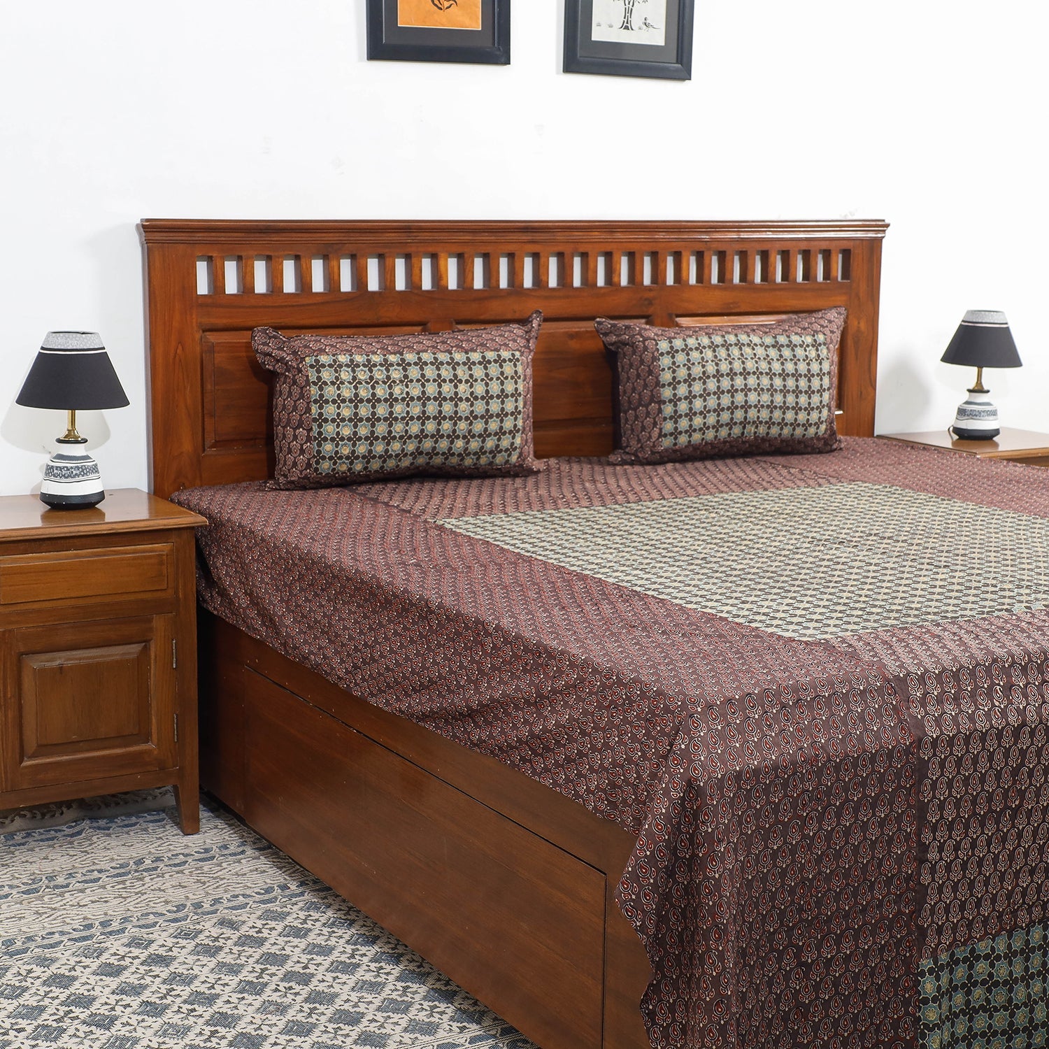 Brown - Ajrakh Patch Tukdi Kaam Cotton Double Bed Cover with Pillow Covers (109 x 86 in)