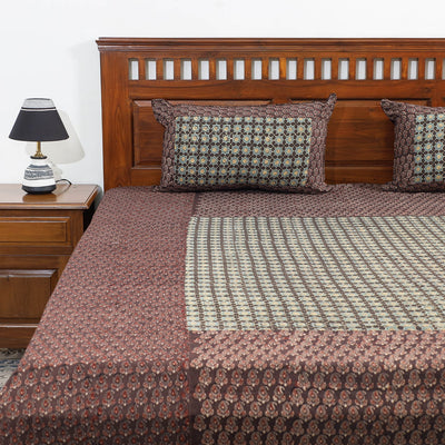 Brown - Ajrakh Patch Tukdi Kaam Cotton Double Bed Cover with Pillow Covers (109 x 86 in)