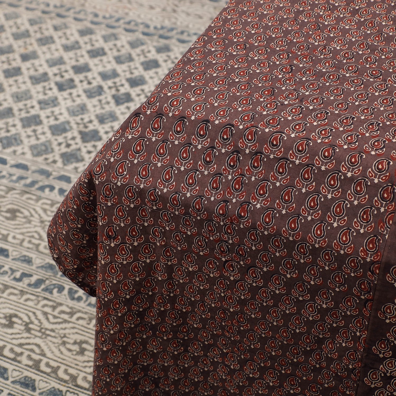 Brown - Ajrakh Patch Tukdi Kaam Cotton Double Bed Cover with Pillow Covers (109 x 86 in)