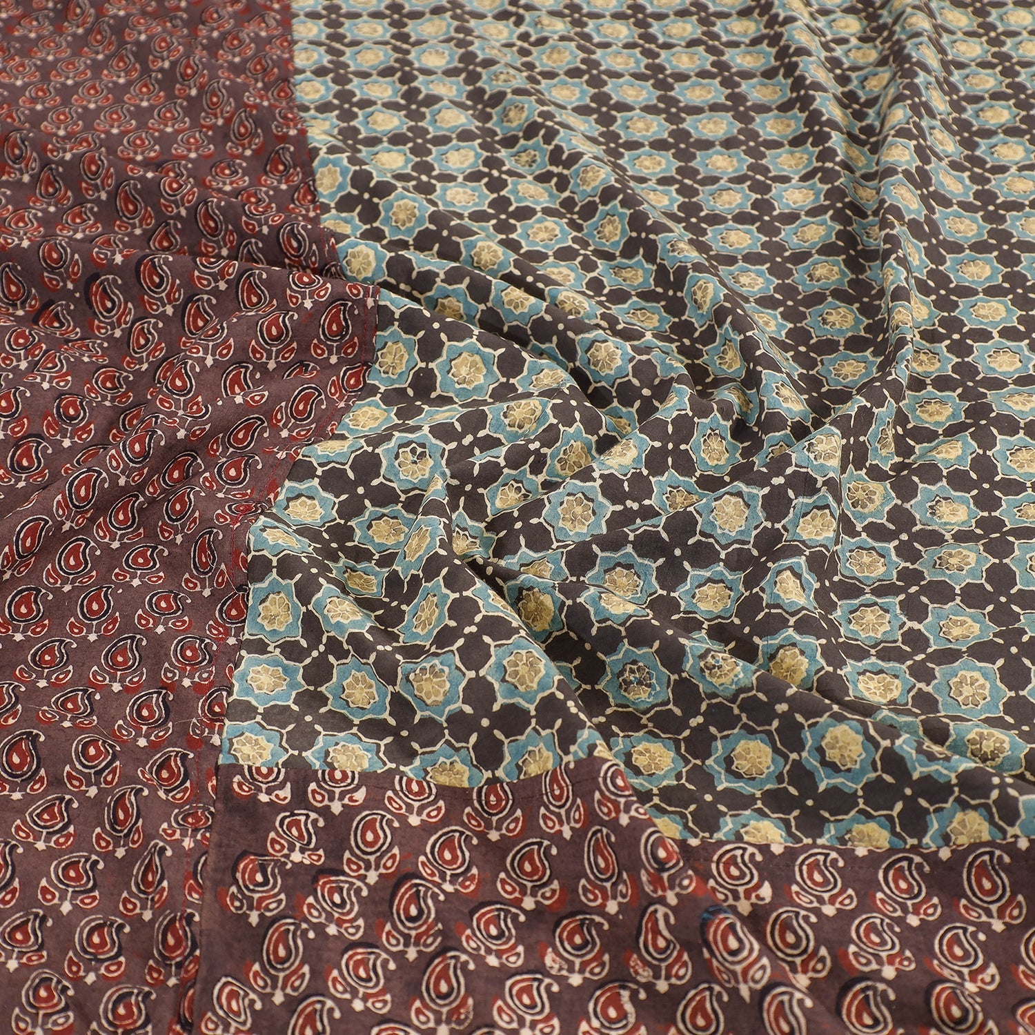 Brown - Ajrakh Patch Tukdi Kaam Cotton Double Bed Cover with Pillow Covers (109 x 86 in)