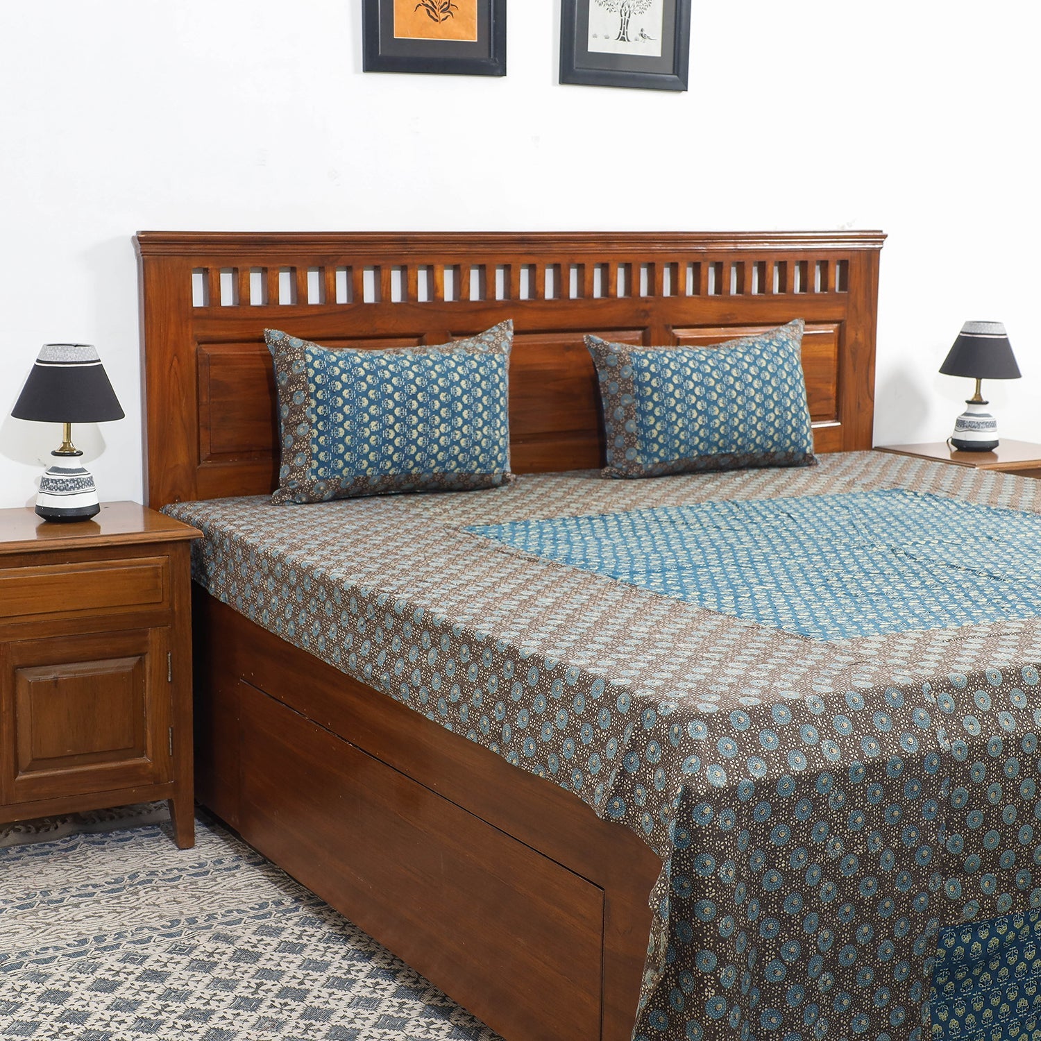 Brown - Ajrakh Patch Tukdi Kaam Cotton Double Bed Cover with Pillow Covers (109 x 86 in)