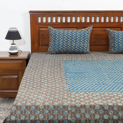 Brown - Ajrakh Patch Tukdi Kaam Cotton Double Bed Cover with Pillow Covers (109 x 86 in)