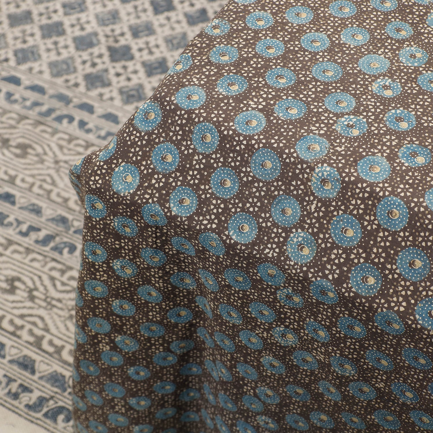 Brown - Ajrakh Patch Tukdi Kaam Cotton Double Bed Cover with Pillow Covers (109 x 86 in)