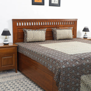 Black - Ajrakh Patch Tukdi Kaam Cotton Double Bed Cover with Pillow Covers (109 x 86 in)