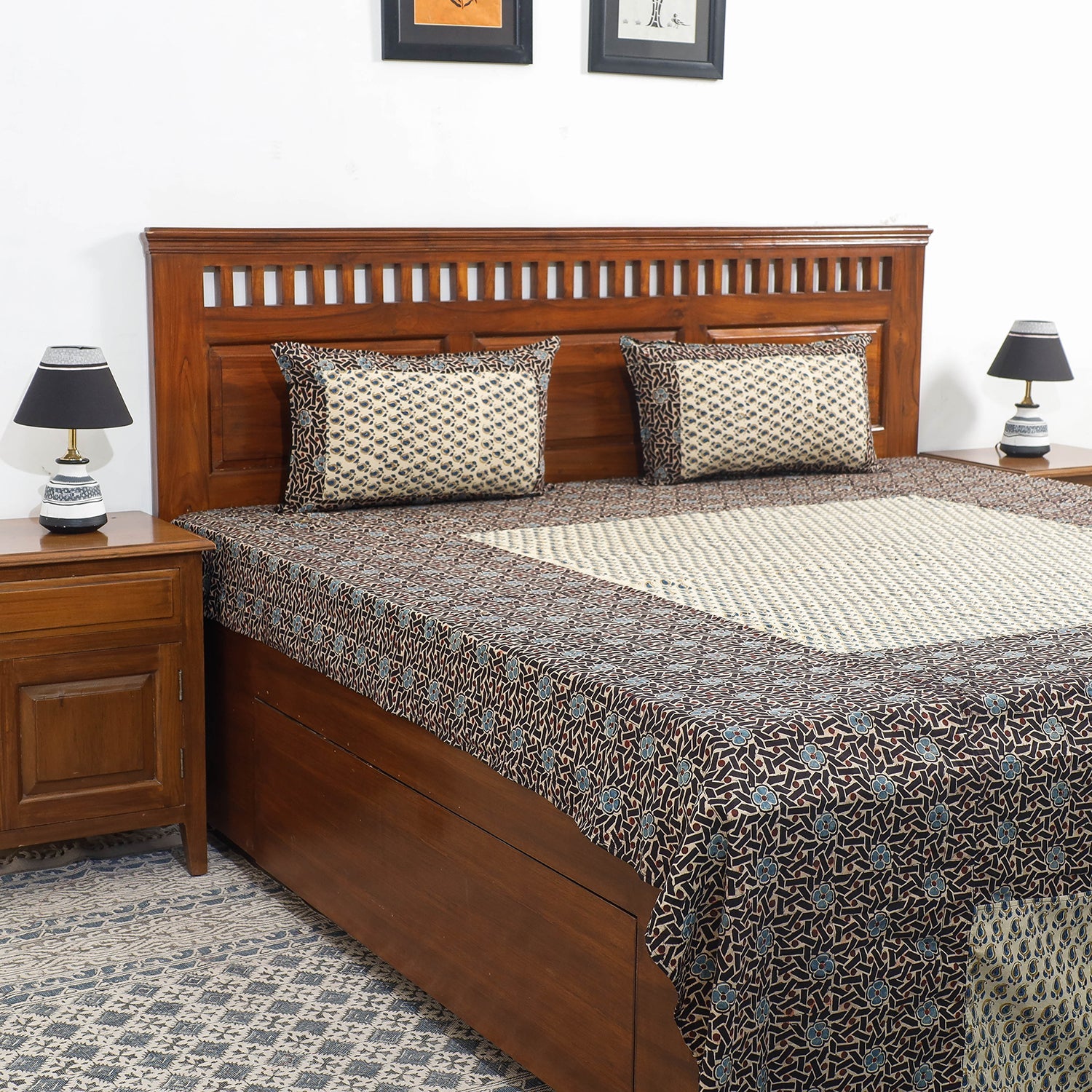 Black - Ajrakh Patch Tukdi Kaam Cotton Double Bed Cover with Pillow Covers (109 x 86 in)