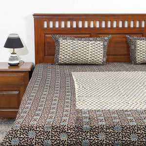 Black - Ajrakh Patch Tukdi Kaam Cotton Double Bed Cover with Pillow Covers (109 x 86 in)