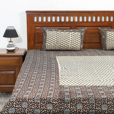 Black - Ajrakh Patch Tukdi Kaam Cotton Double Bed Cover with Pillow Covers (109 x 86 in)