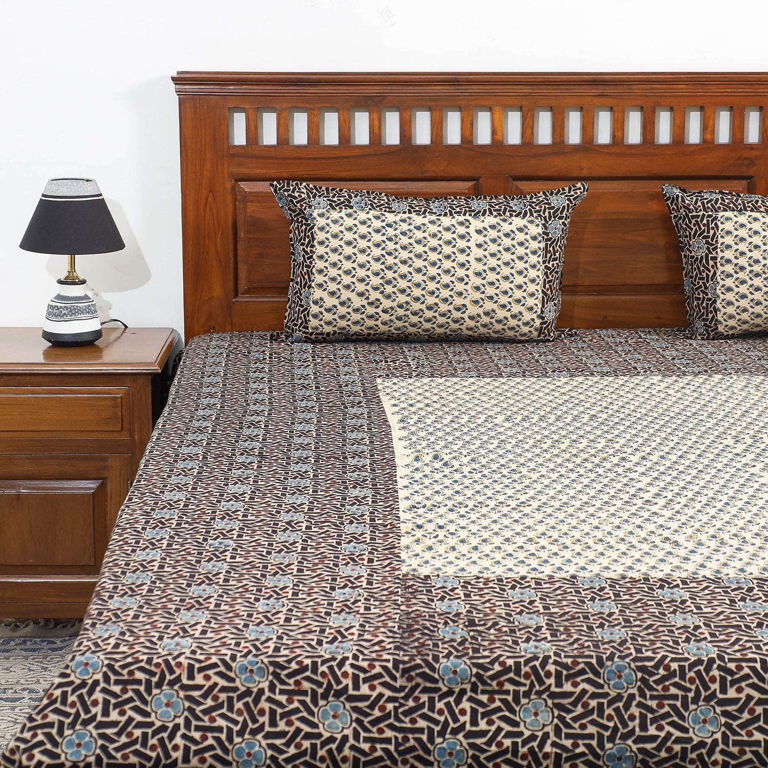 Black - Ajrakh Patch Tukdi Kaam Cotton Double Bed Cover with Pillow Covers (109 x 86 in)