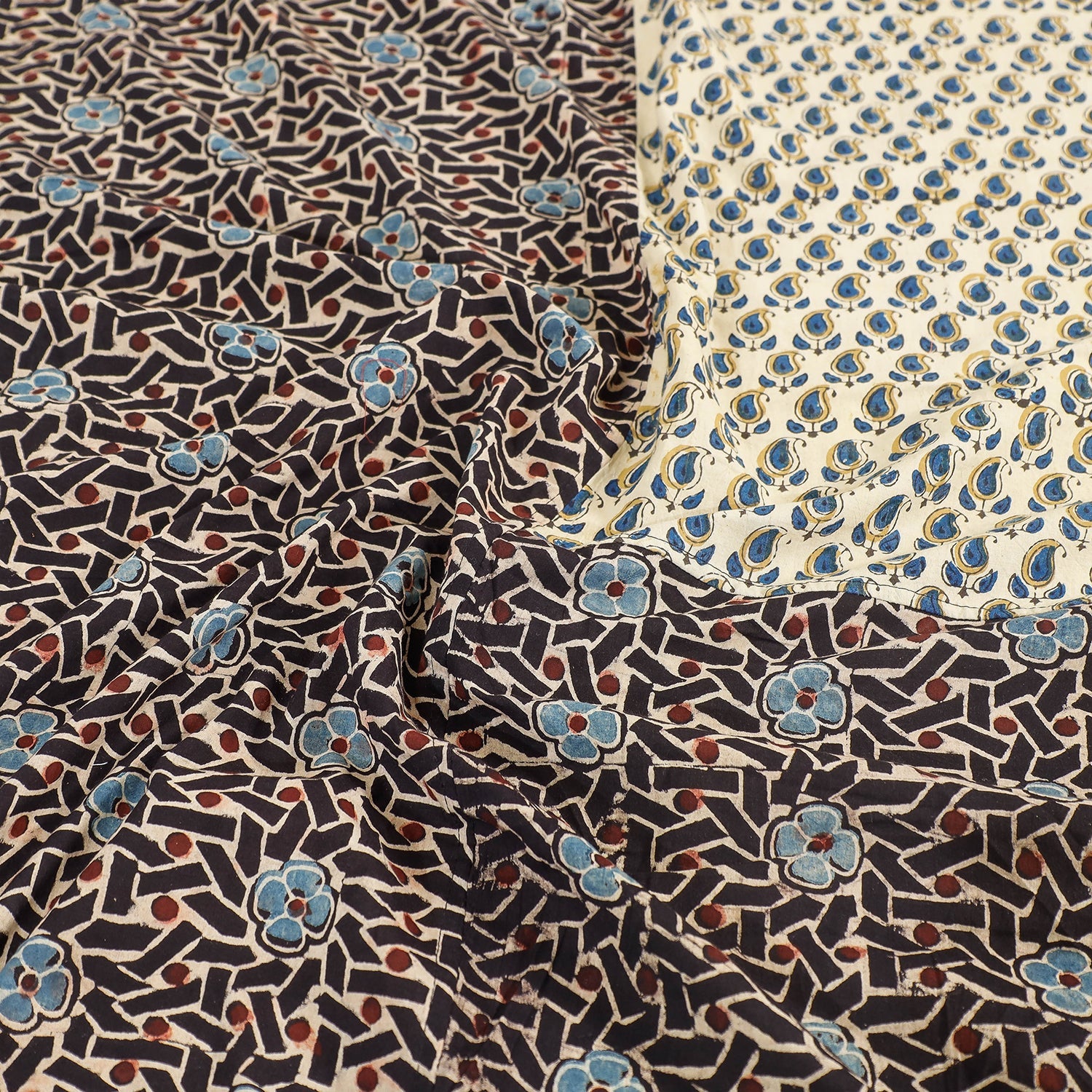Black - Ajrakh Patch Tukdi Kaam Cotton Double Bed Cover with Pillow Covers (109 x 86 in)