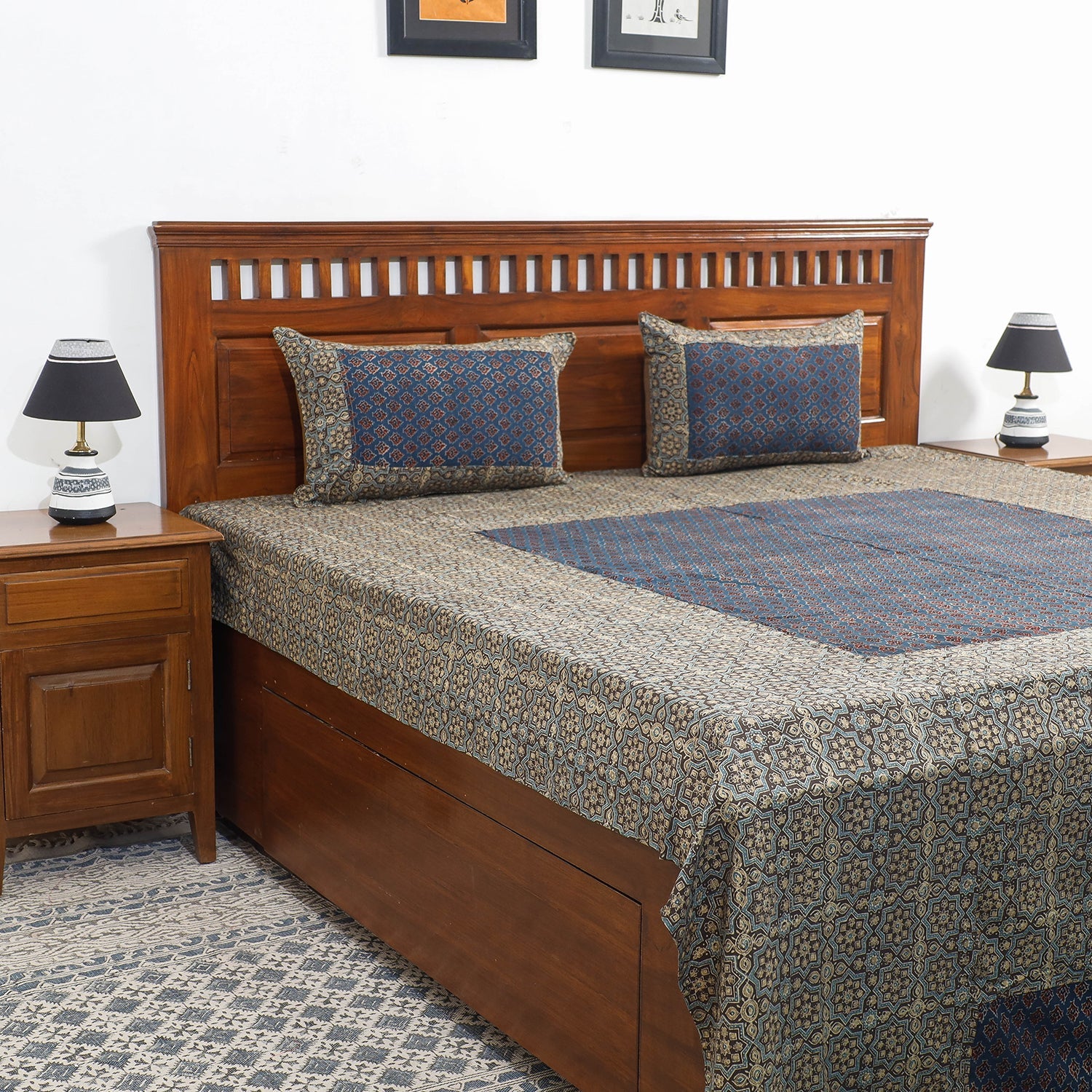 Brown - Ajrakh Patch Tukdi Kaam Cotton Double Bed Cover with Pillow Covers (109 x 86 in)