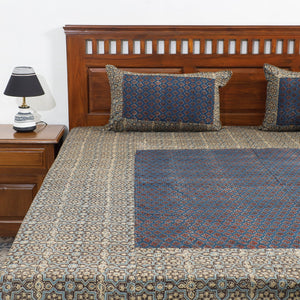 Brown - Ajrakh Patch Tukdi Kaam Cotton Double Bed Cover with Pillow Covers (109 x 86 in)