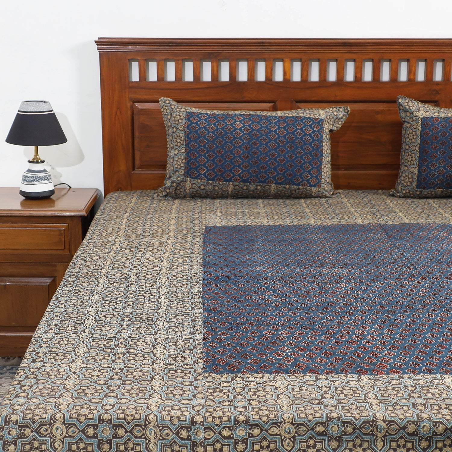 Brown - Ajrakh Patch Tukdi Kaam Cotton Double Bed Cover with Pillow Covers (109 x 86 in)