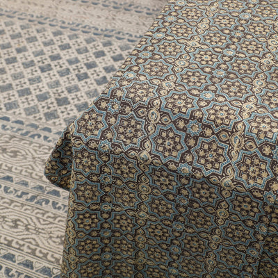 Brown - Ajrakh Patch Tukdi Kaam Cotton Double Bed Cover with Pillow Covers (109 x 86 in)