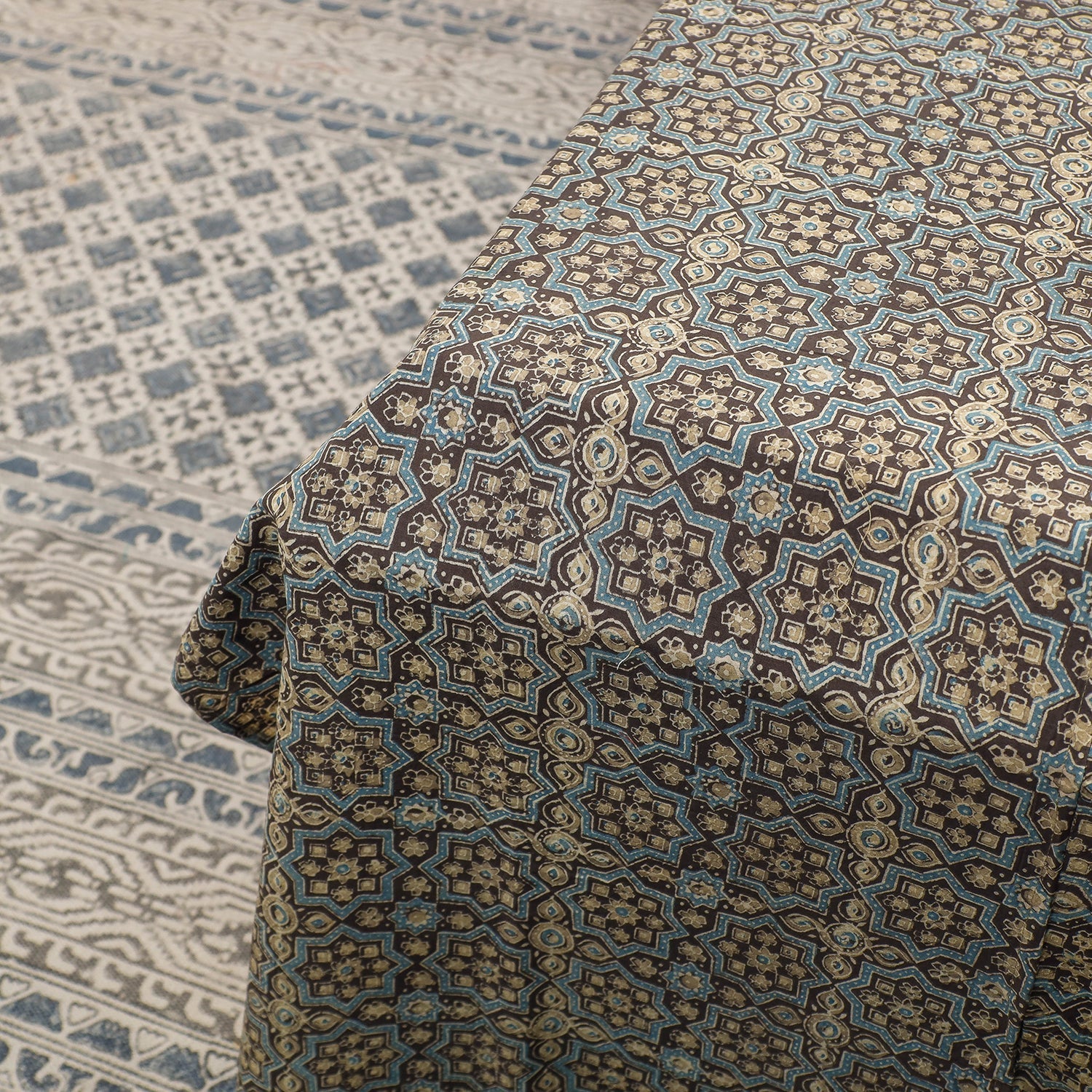 Brown - Ajrakh Patch Tukdi Kaam Cotton Double Bed Cover with Pillow Covers (109 x 86 in)
