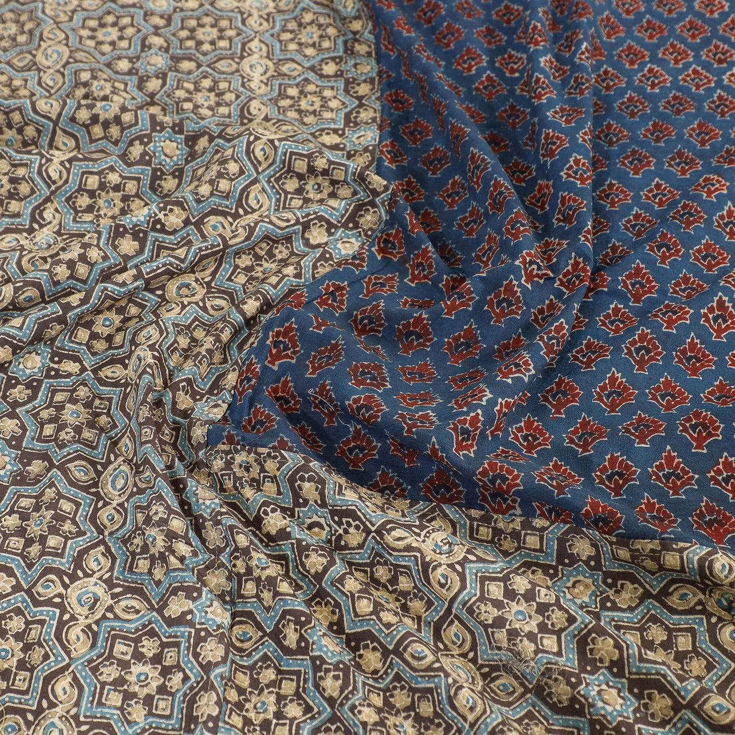 Brown - Ajrakh Patch Tukdi Kaam Cotton Double Bed Cover with Pillow Covers (109 x 86 in)