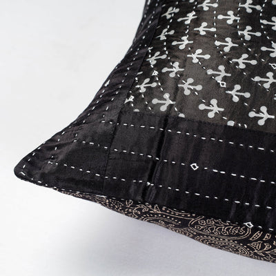 Black - Kutch Tagai Embroidery Mashru Silk Cushion Covers (16 x 16 in)
