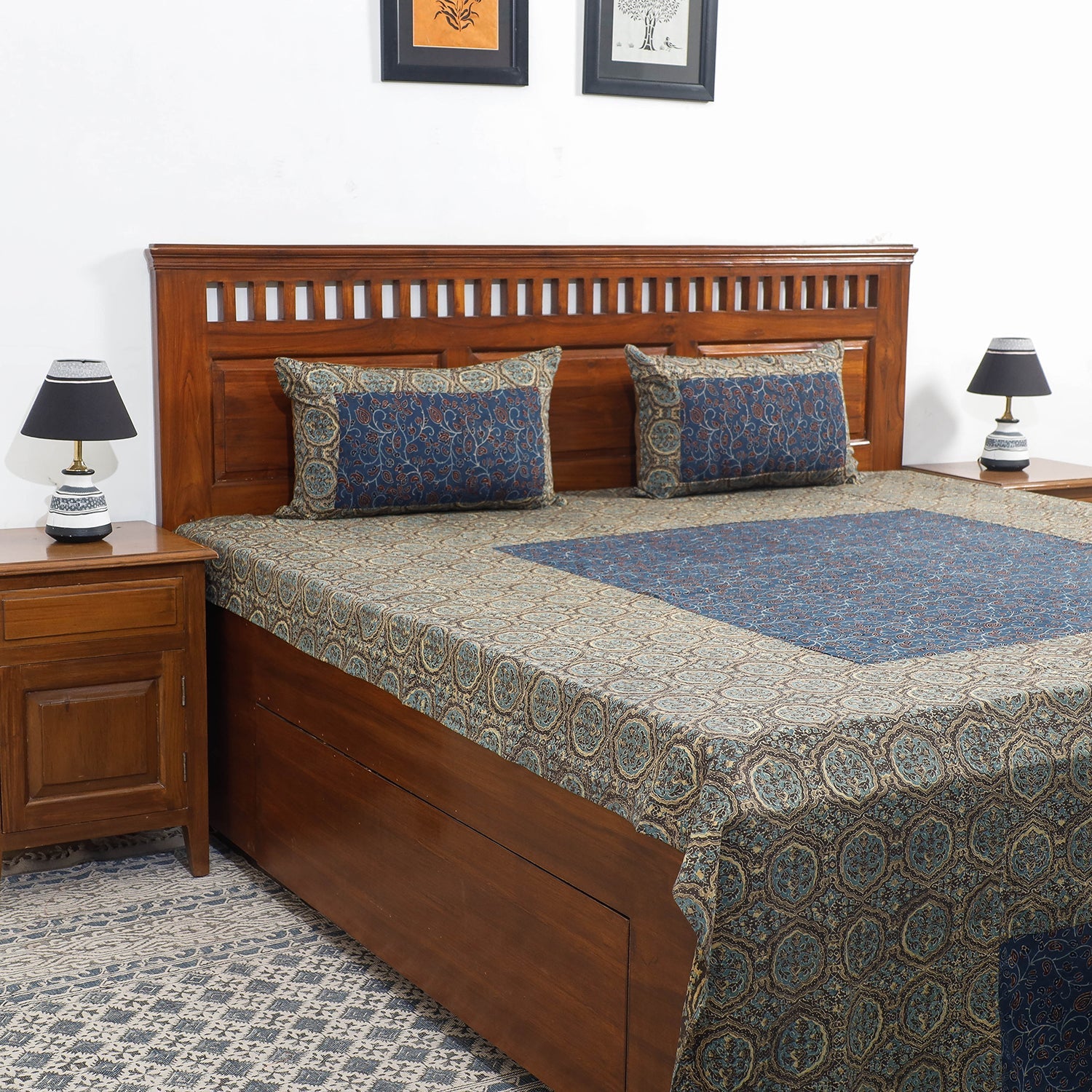 Brown - Ajrakh Patch Tukdi Kaam Cotton Double Bed Cover with Pillow Covers (109 x 86 in)