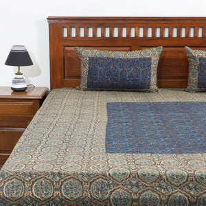 Brown - Ajrakh Patch Tukdi Kaam Cotton Double Bed Cover with Pillow Covers (109 x 86 in)