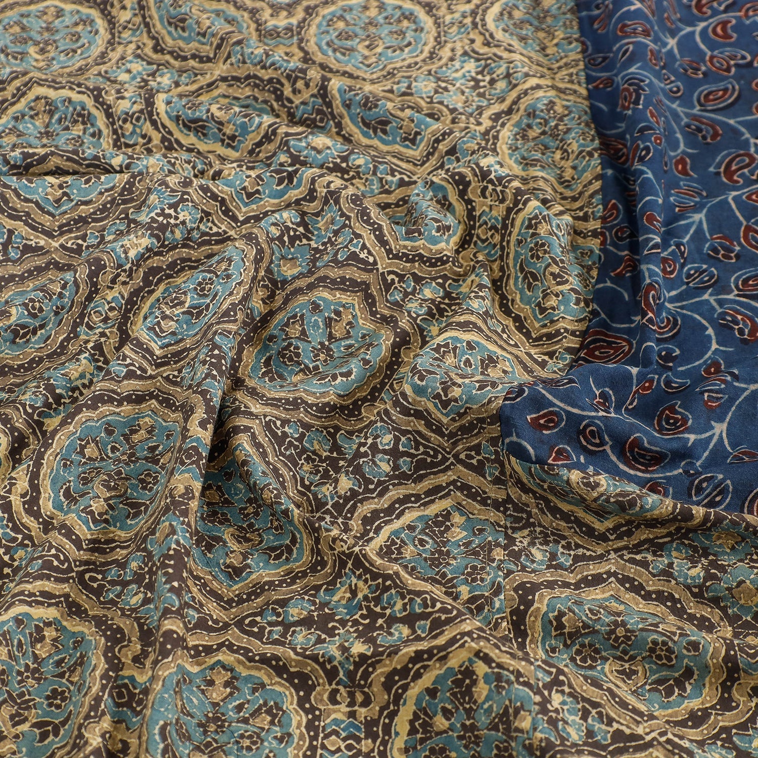 Brown - Ajrakh Patch Tukdi Kaam Cotton Double Bed Cover with Pillow Covers (109 x 86 in)