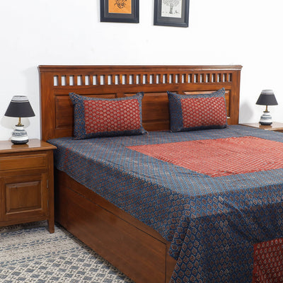 Blue - Ajrakh Patch Tukdi Kaam Cotton Double Bed Cover with Pillow Covers (109 x 86 in)
