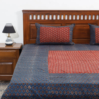 Blue - Ajrakh Patch Tukdi Kaam Cotton Double Bed Cover with Pillow Covers (109 x 86 in)