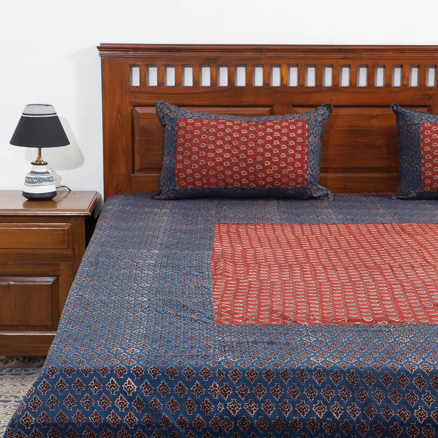 Blue - Ajrakh Patch Tukdi Kaam Cotton Double Bed Cover with Pillow Covers (109 x 86 in)