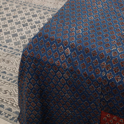 Blue - Ajrakh Patch Tukdi Kaam Cotton Double Bed Cover with Pillow Covers (109 x 86 in)