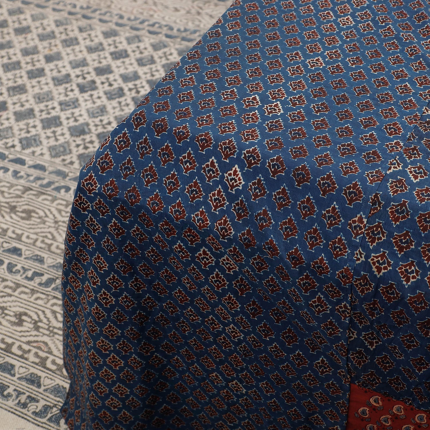 Blue - Ajrakh Patch Tukdi Kaam Cotton Double Bed Cover with Pillow Covers (109 x 86 in)