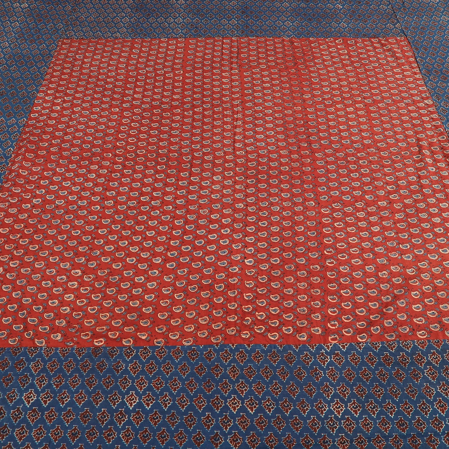 Blue - Ajrakh Patch Tukdi Kaam Cotton Double Bed Cover with Pillow Covers (109 x 86 in)