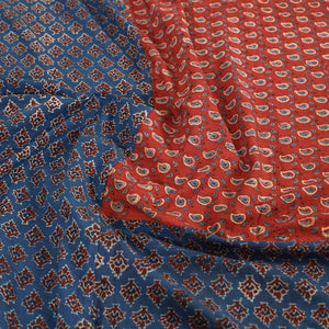 Blue - Ajrakh Patch Tukdi Kaam Cotton Double Bed Cover with Pillow Covers (109 x 86 in)