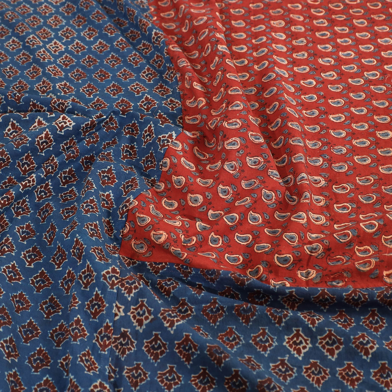 Blue - Ajrakh Patch Tukdi Kaam Cotton Double Bed Cover with Pillow Covers (109 x 86 in)