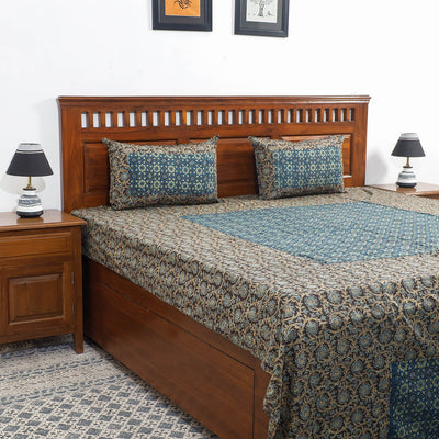 Brown - Ajrakh Patch Tukdi Kaam Cotton Double Bed Cover with Pillow Covers (109 x 86 in)