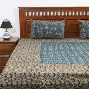 Brown - Ajrakh Patch Tukdi Kaam Cotton Double Bed Cover with Pillow Covers (109 x 86 in)