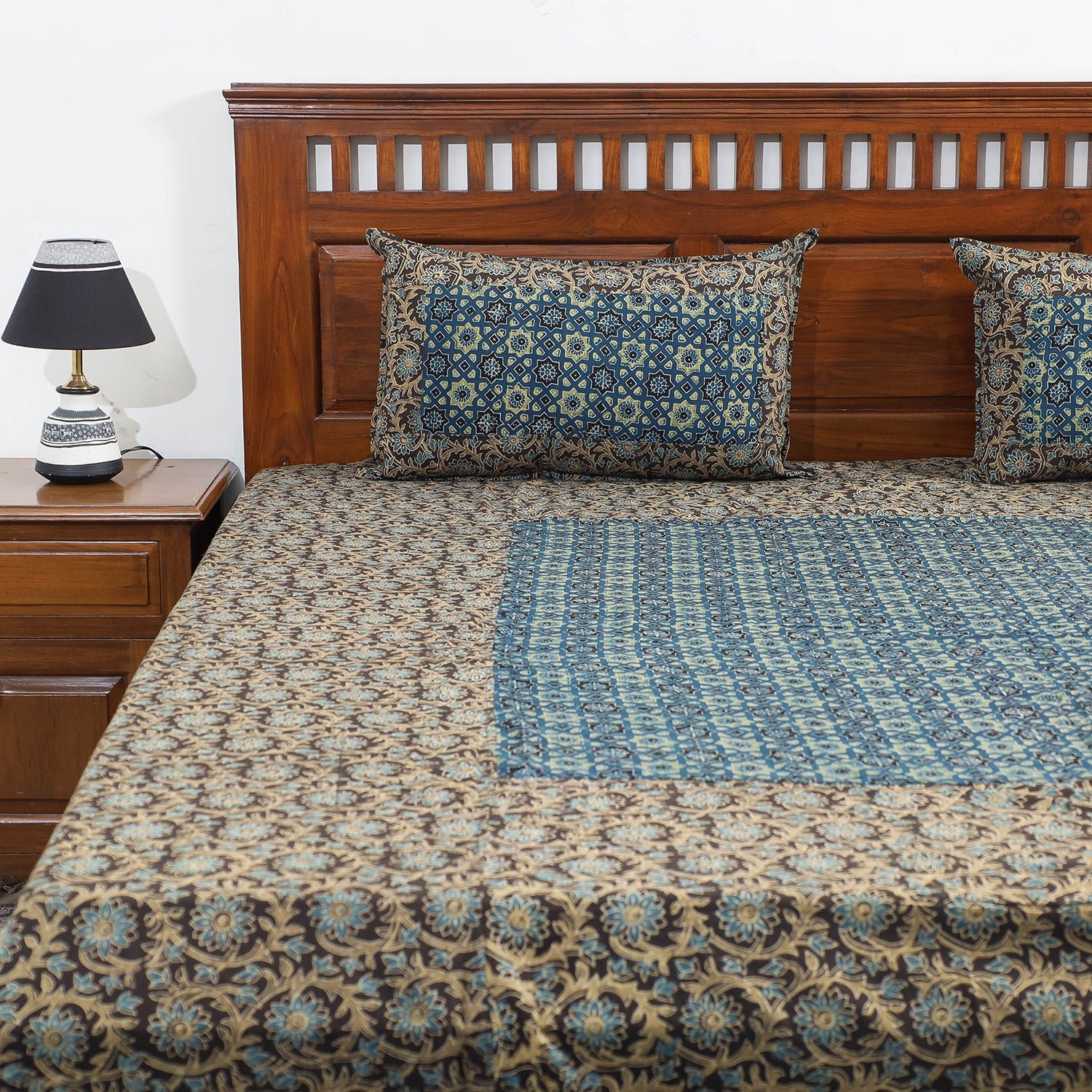 Brown - Ajrakh Patch Tukdi Kaam Cotton Double Bed Cover with Pillow Covers (109 x 86 in)