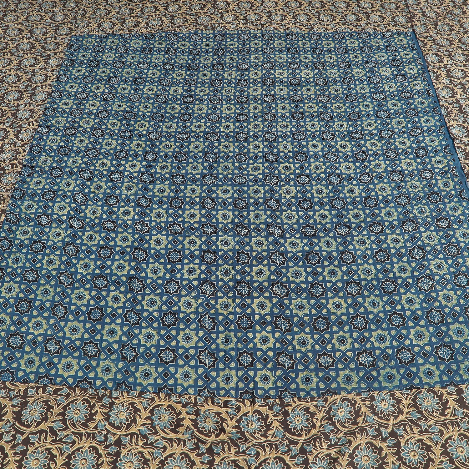 Brown - Ajrakh Patch Tukdi Kaam Cotton Double Bed Cover with Pillow Covers (109 x 86 in)