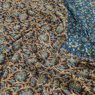 Brown - Ajrakh Patch Tukdi Kaam Cotton Double Bed Cover with Pillow Covers (109 x 86 in)