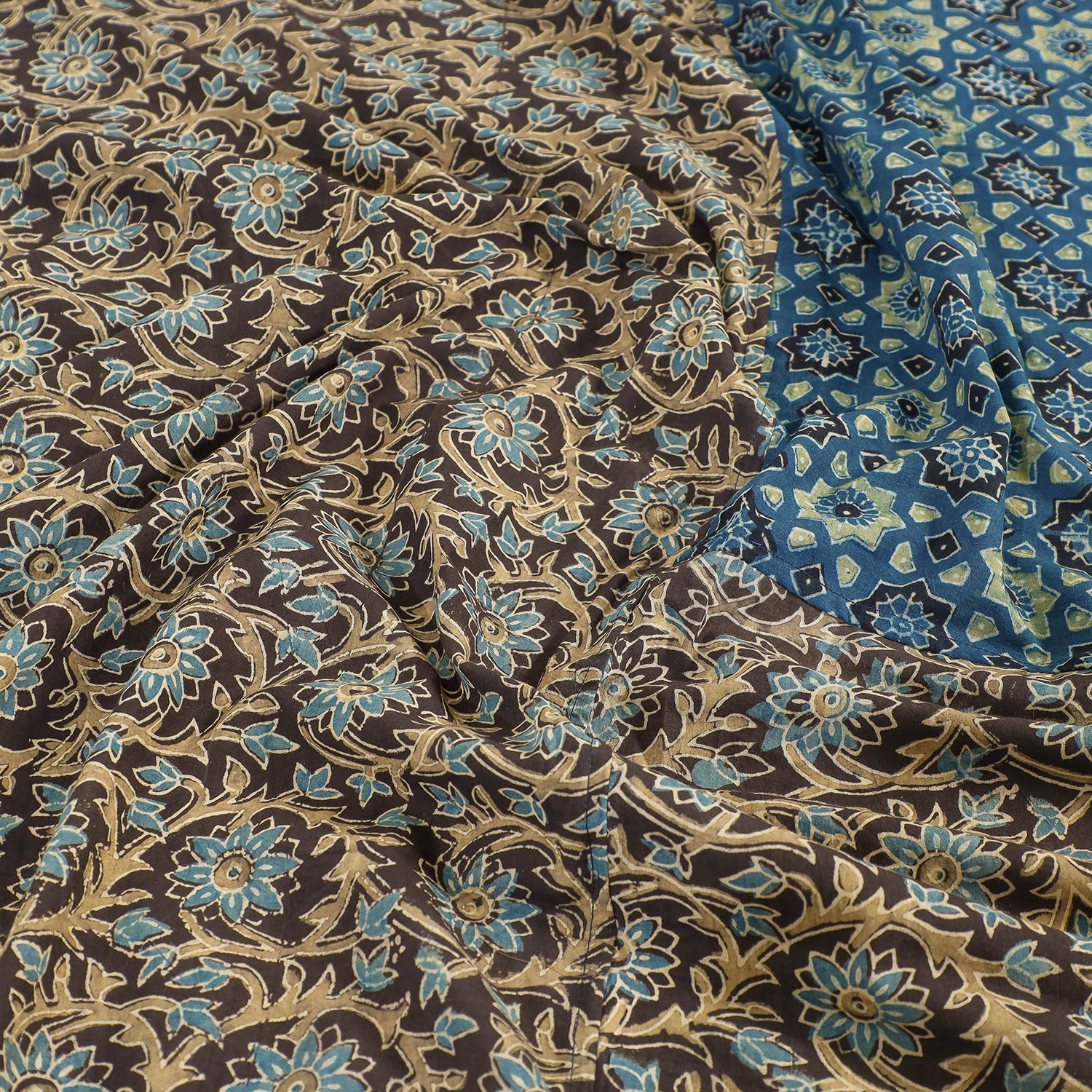 Brown - Ajrakh Patch Tukdi Kaam Cotton Double Bed Cover with Pillow Covers (109 x 86 in)