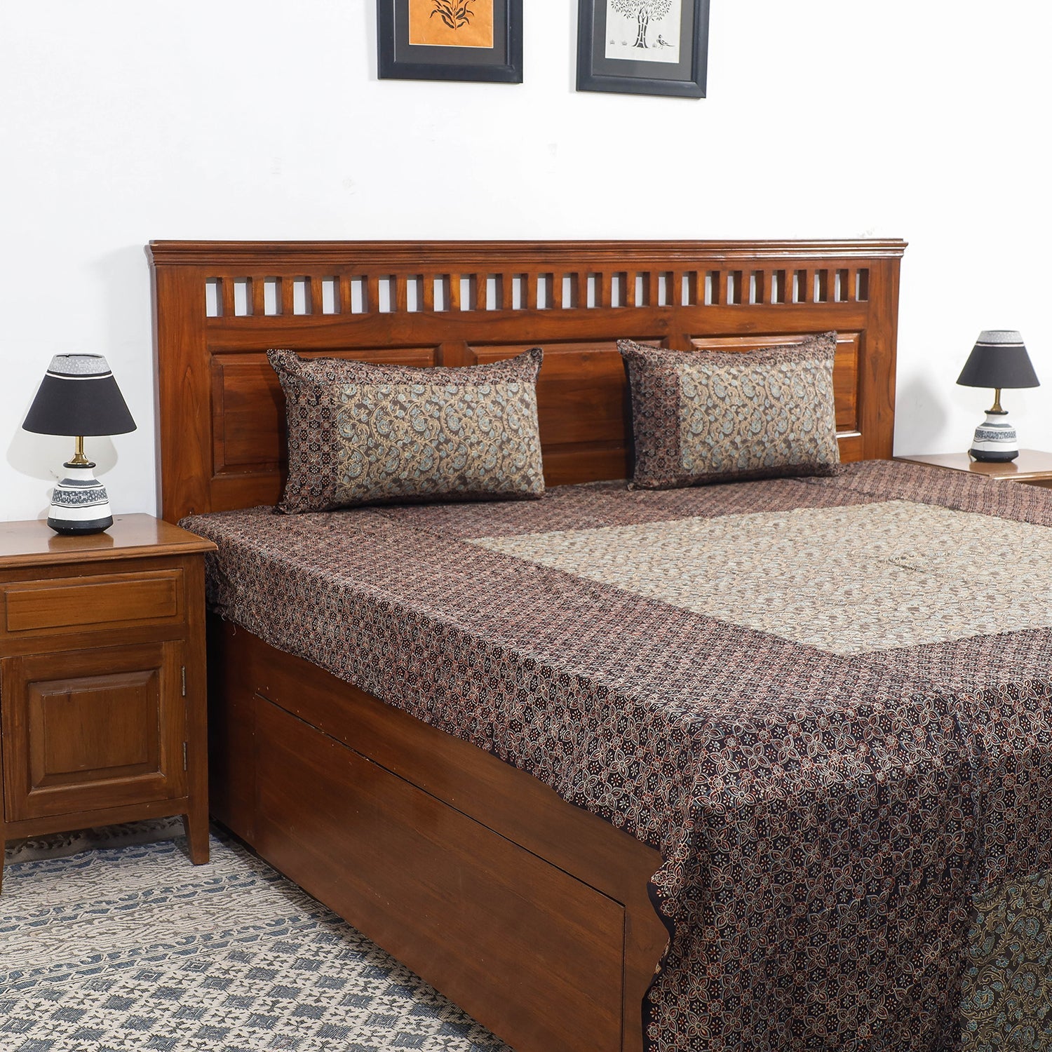 Brown - Ajrakh Patch Tukdi Kaam Cotton Double Bed Cover with Pillow Covers (109 x 86 in)