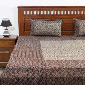 Brown - Ajrakh Patch Tukdi Kaam Cotton Double Bed Cover with Pillow Covers (109 x 86 in)