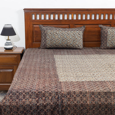 Brown - Ajrakh Patch Tukdi Kaam Cotton Double Bed Cover with Pillow Covers (109 x 86 in)