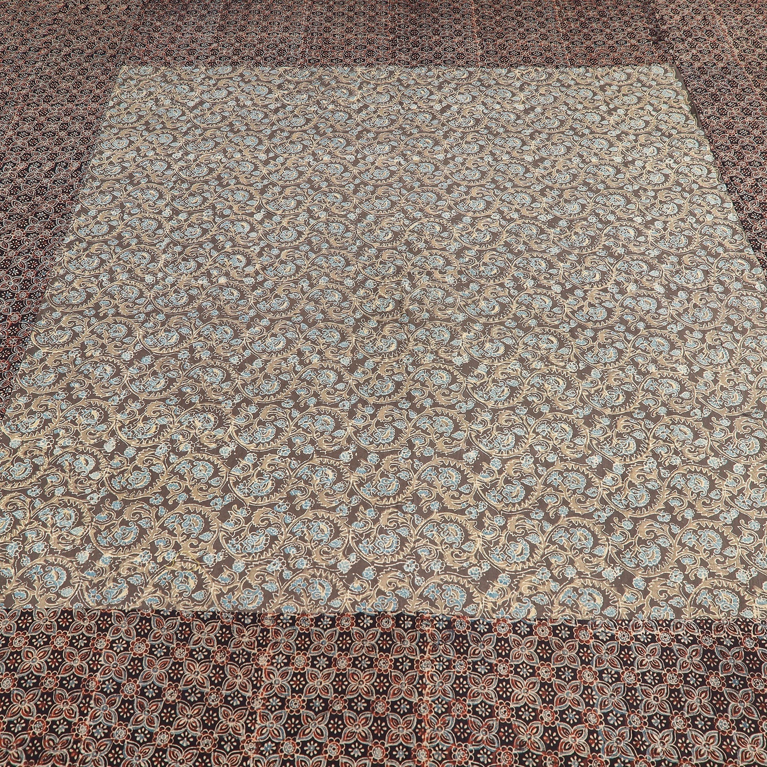Brown - Ajrakh Patch Tukdi Kaam Cotton Double Bed Cover with Pillow Covers (109 x 86 in)