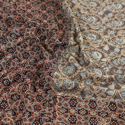 Brown - Ajrakh Patch Tukdi Kaam Cotton Double Bed Cover with Pillow Covers (109 x 86 in)