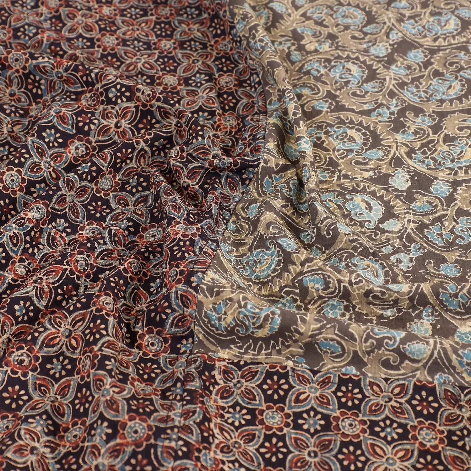 Brown - Ajrakh Patch Tukdi Kaam Cotton Double Bed Cover with Pillow Covers (109 x 86 in)