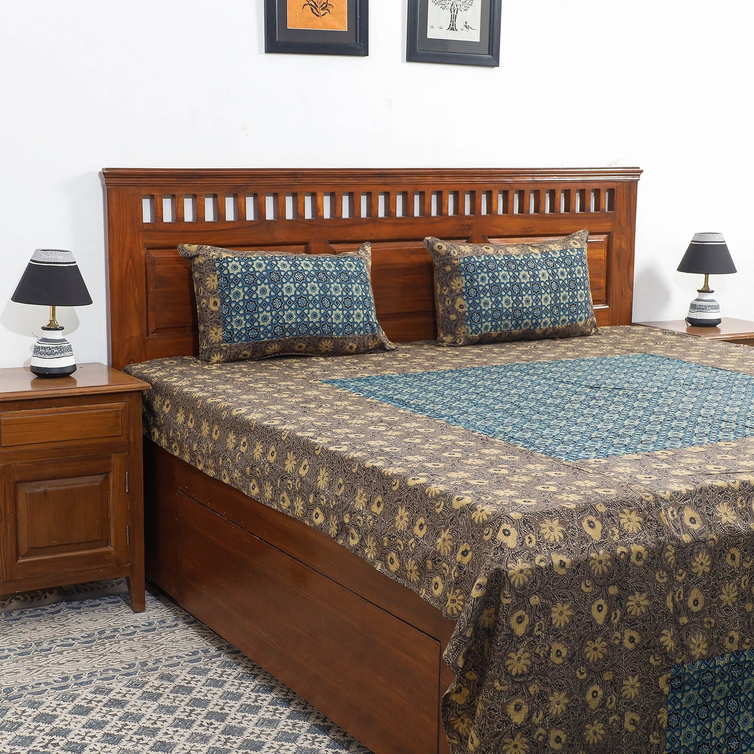 Brown - Ajrakh Patch Tukdi Kaam Cotton Double Bed Cover with Pillow Covers (109 x 86 in)