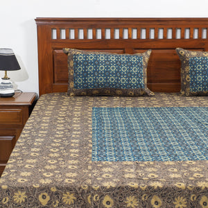 Brown - Ajrakh Patch Tukdi Kaam Cotton Double Bed Cover with Pillow Covers (109 x 86 in)