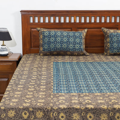 Brown - Ajrakh Patch Tukdi Kaam Cotton Double Bed Cover with Pillow Covers (109 x 86 in)