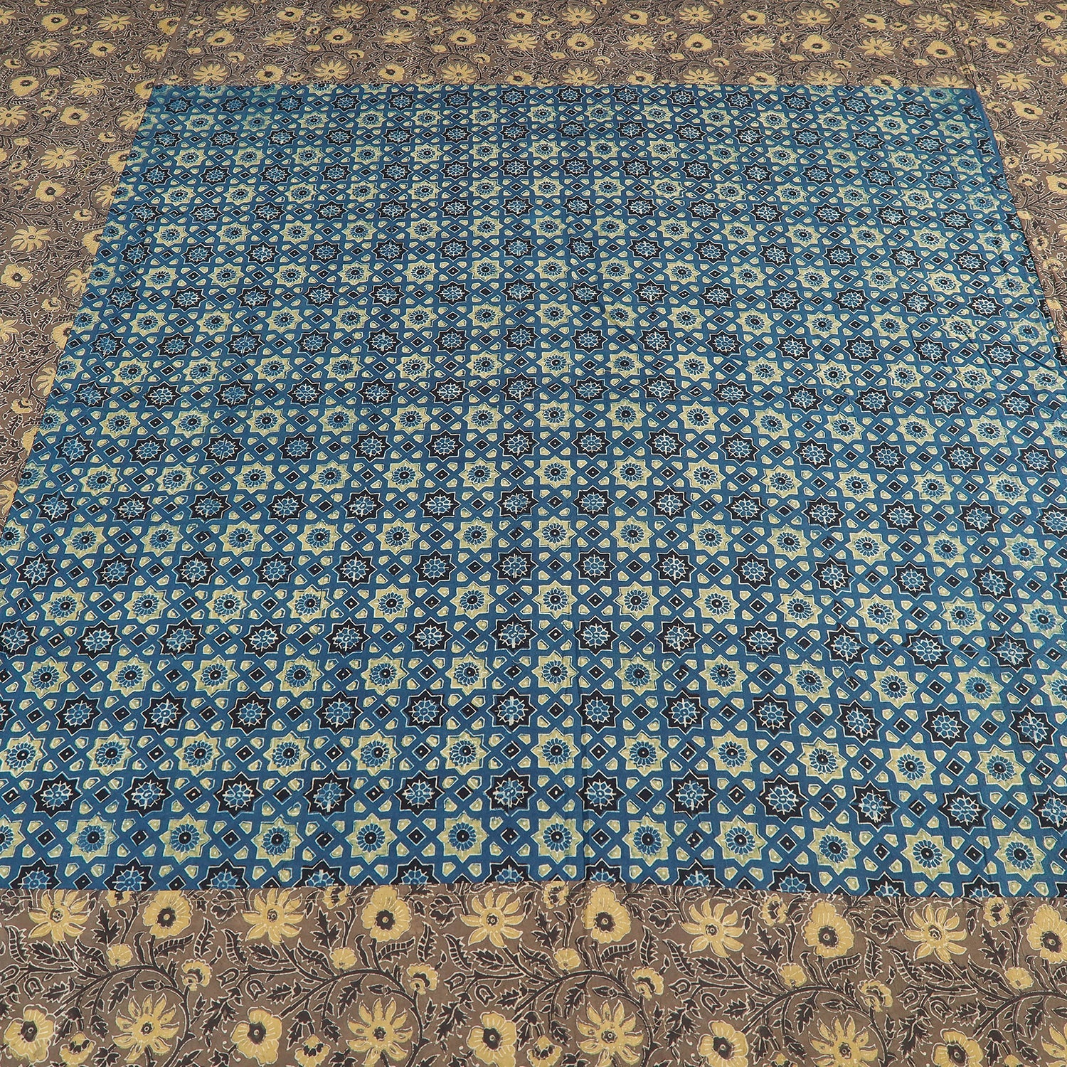 Brown - Ajrakh Patch Tukdi Kaam Cotton Double Bed Cover with Pillow Covers (109 x 86 in)